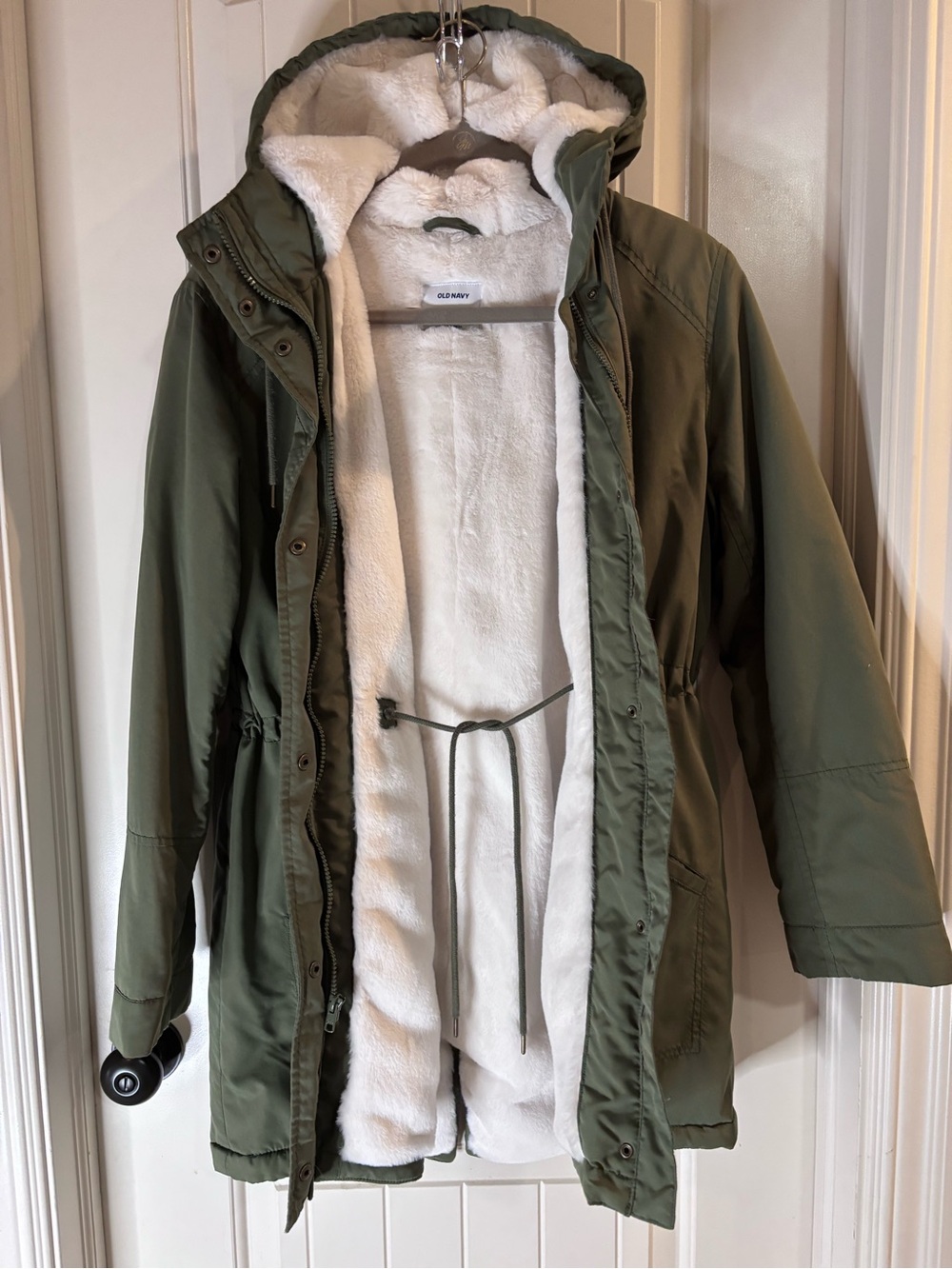 Old Navy Olive Green Hooded Puffer Coat with White Sherpa Lining - Picture 3 of 6